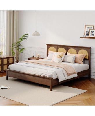 Bed Frame with Rattan Headboard, Wooden Platform Bed with Storage Shelf and Under Bed Storage for Bedroom