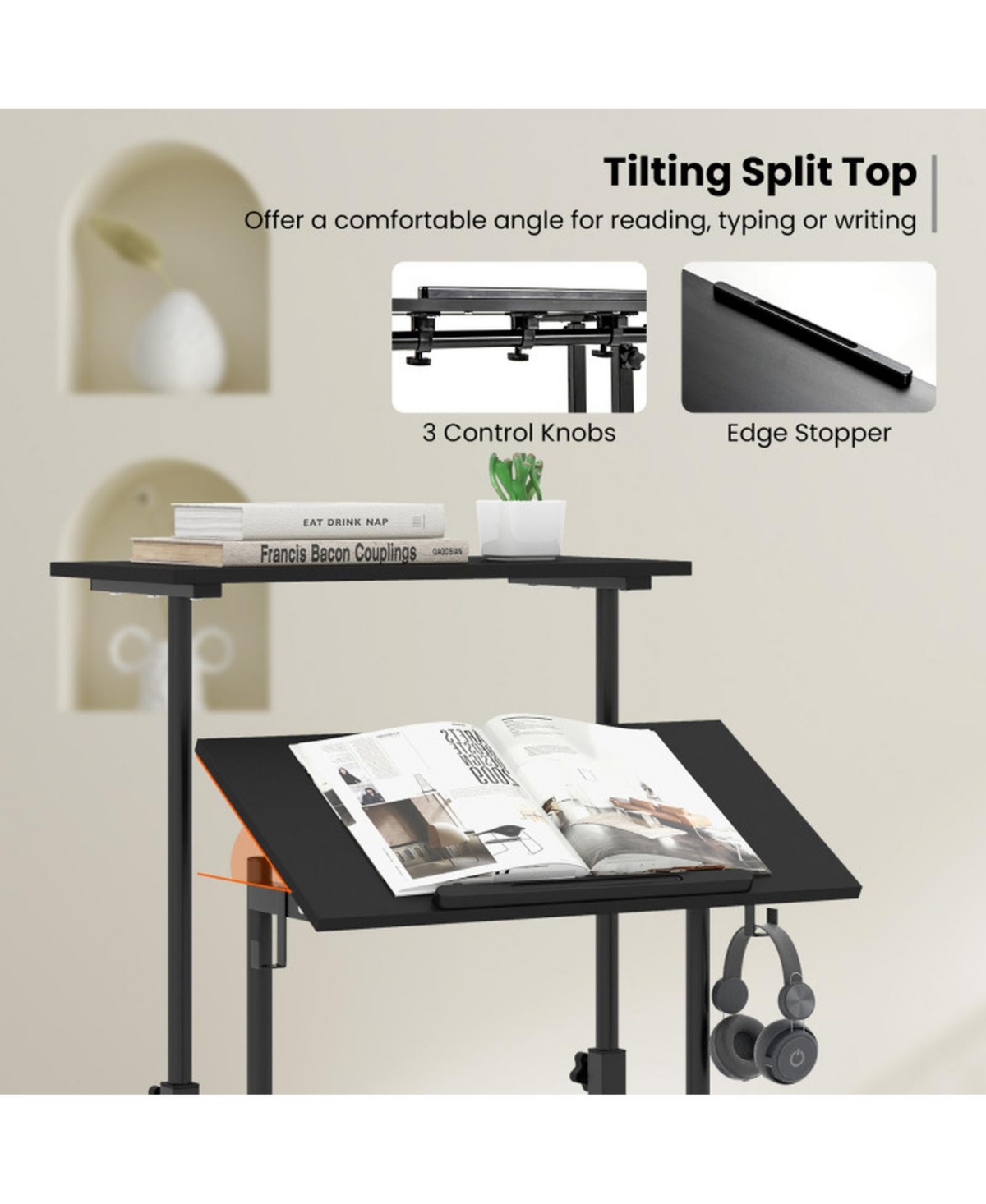 Gouun Rolling Standing Desk with Split-Level Tabletop and Wheels
