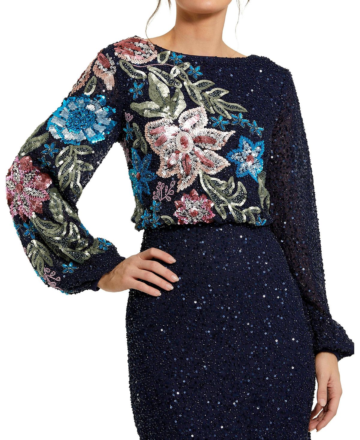 Mac Duggal Women's High Neck Blouson Sleeve Sequin Gown view 5 — MAYCSS fashion products