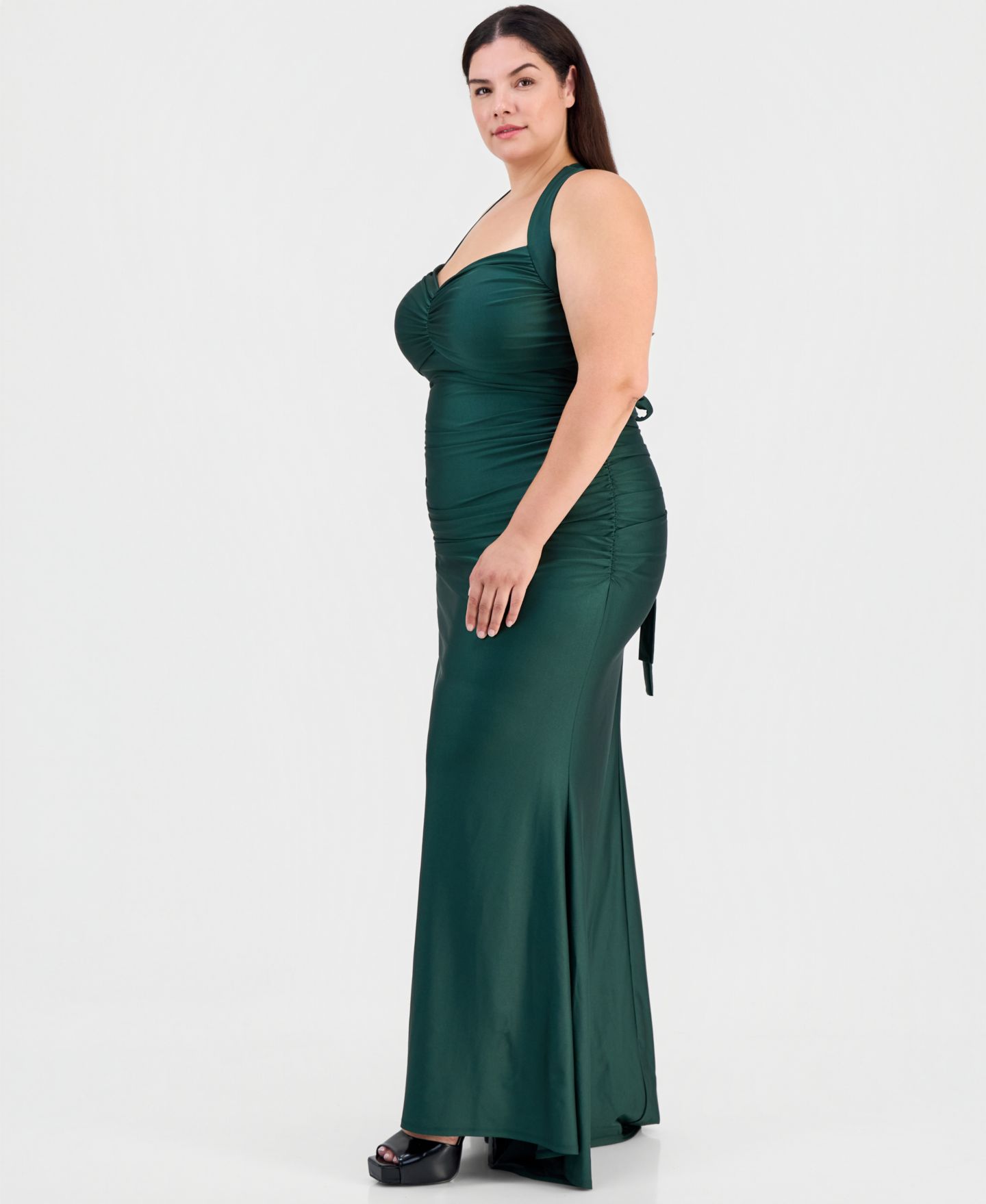 Женские платья B Darlin Trendy Plus Size Shiny Knit Ruched Back-Tie Gown, цвет: Тёмно-зелёный — фото 5