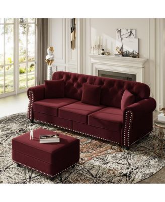82.6'' Velvet Sofa and Ottoman, Chesterfield Nailhead, 3 Pillows