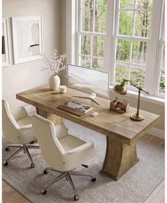 Computer Desk: Extra long 2-person desk with curved legs. Double workstation study table for home office, business. Modern style