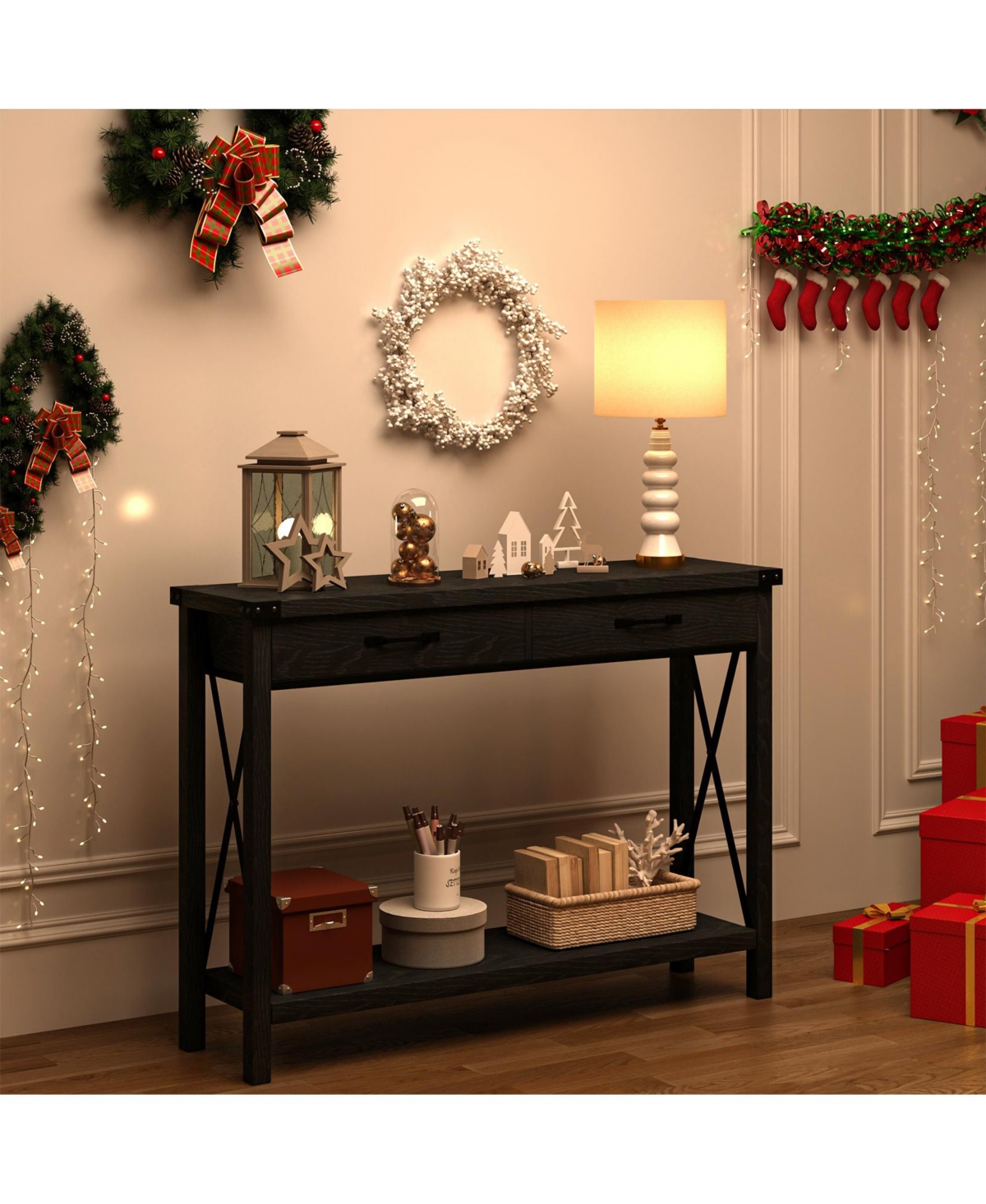 gaomon 43" 2-Drawer Console Table with Open Storage Shelf