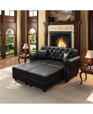 63'' Faux Leather Loveseat Set with 2 Ottomans, Nailhead Tufted