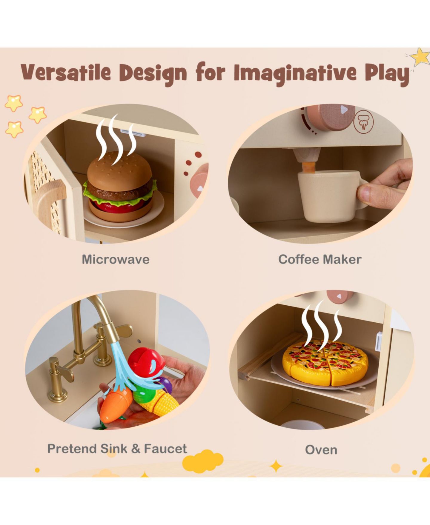 Детские игрушки Slickblue Kids' Wooden Play Kitchen with Realistic Lights and Sounds, 16-Piece Set, от 3 лет, цвет: Жёлтый — фото 5