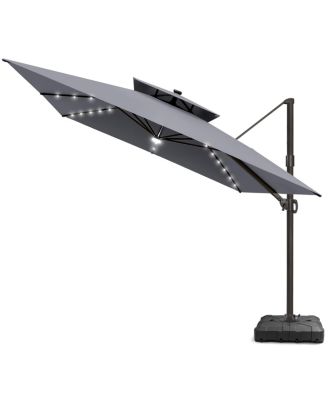 Outdoor Patio 11x11Feet Aluminum Double Canopy Solar Lights Cantilever Umbrella with Wheel Base