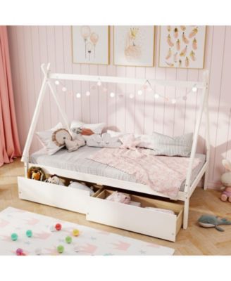 Twin Wooden House Bed Platform Frame 2 Storage Drawers Kids