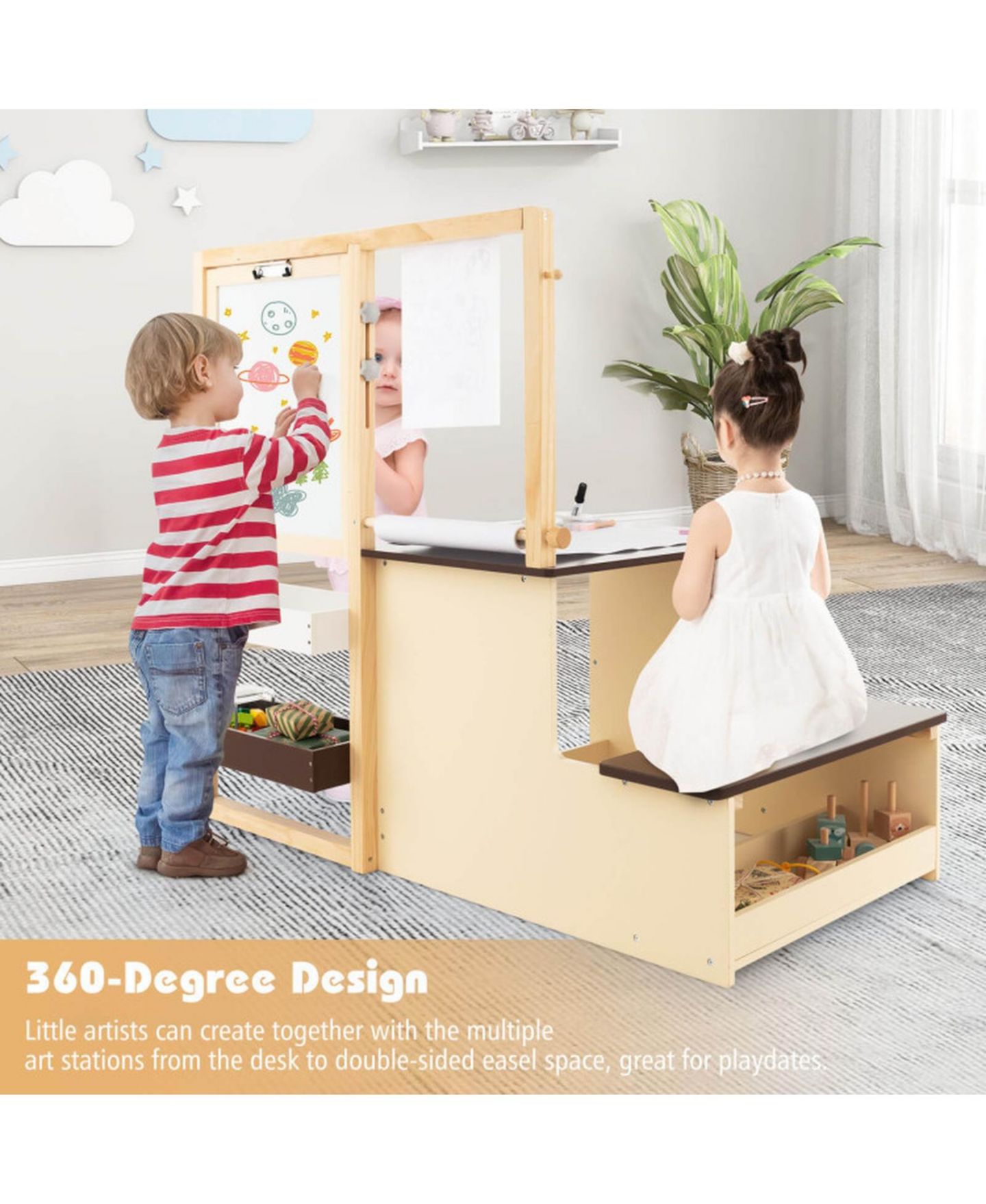 Детская игрушка GOUUN Double-Sided Adjustable Art Center with Easel and Storage Bench, Ages 3+, цвет: Коричневый — фото 6