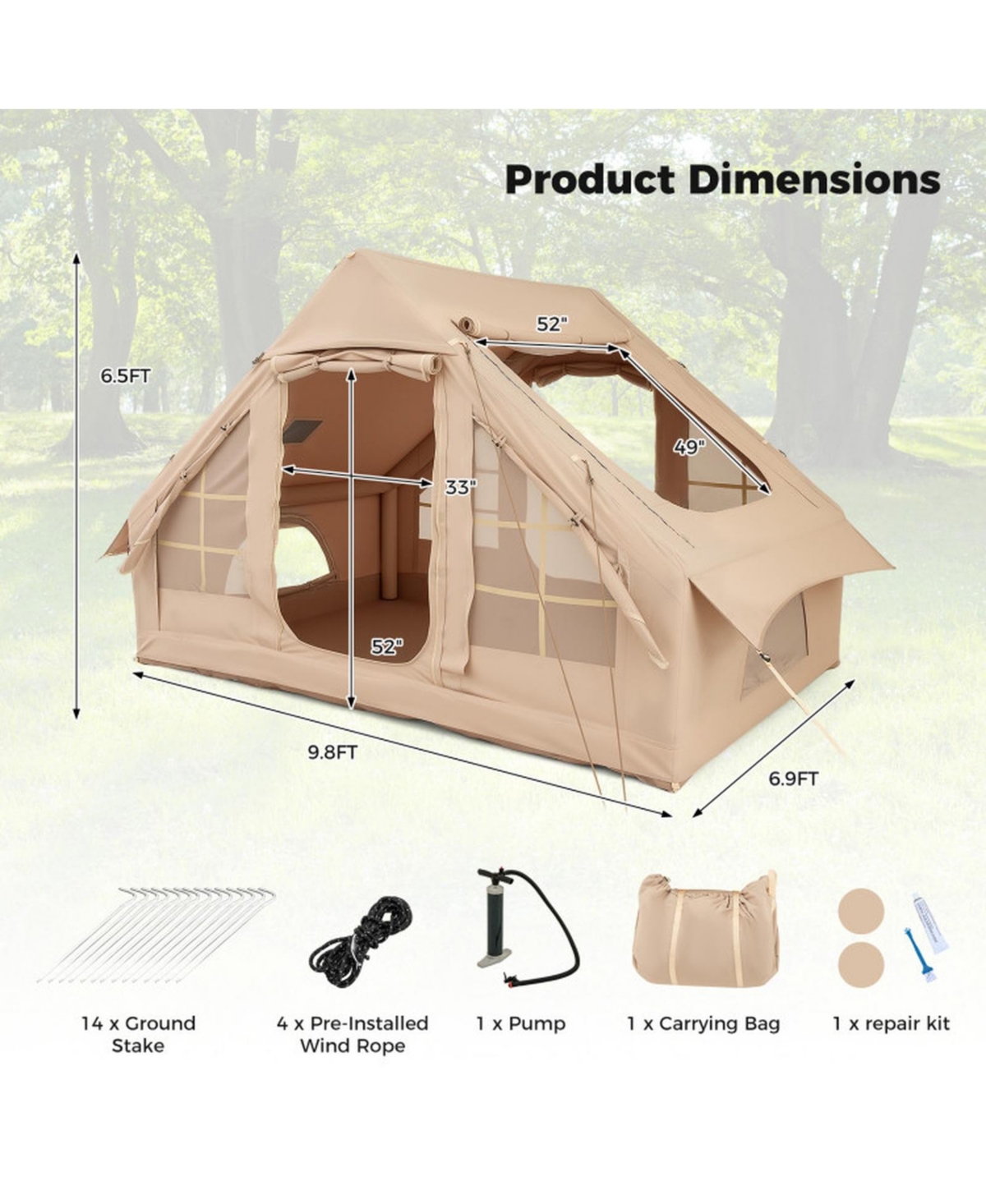 Gouun Inflatable Camping Tent for 4-6 People with Mesh Windows