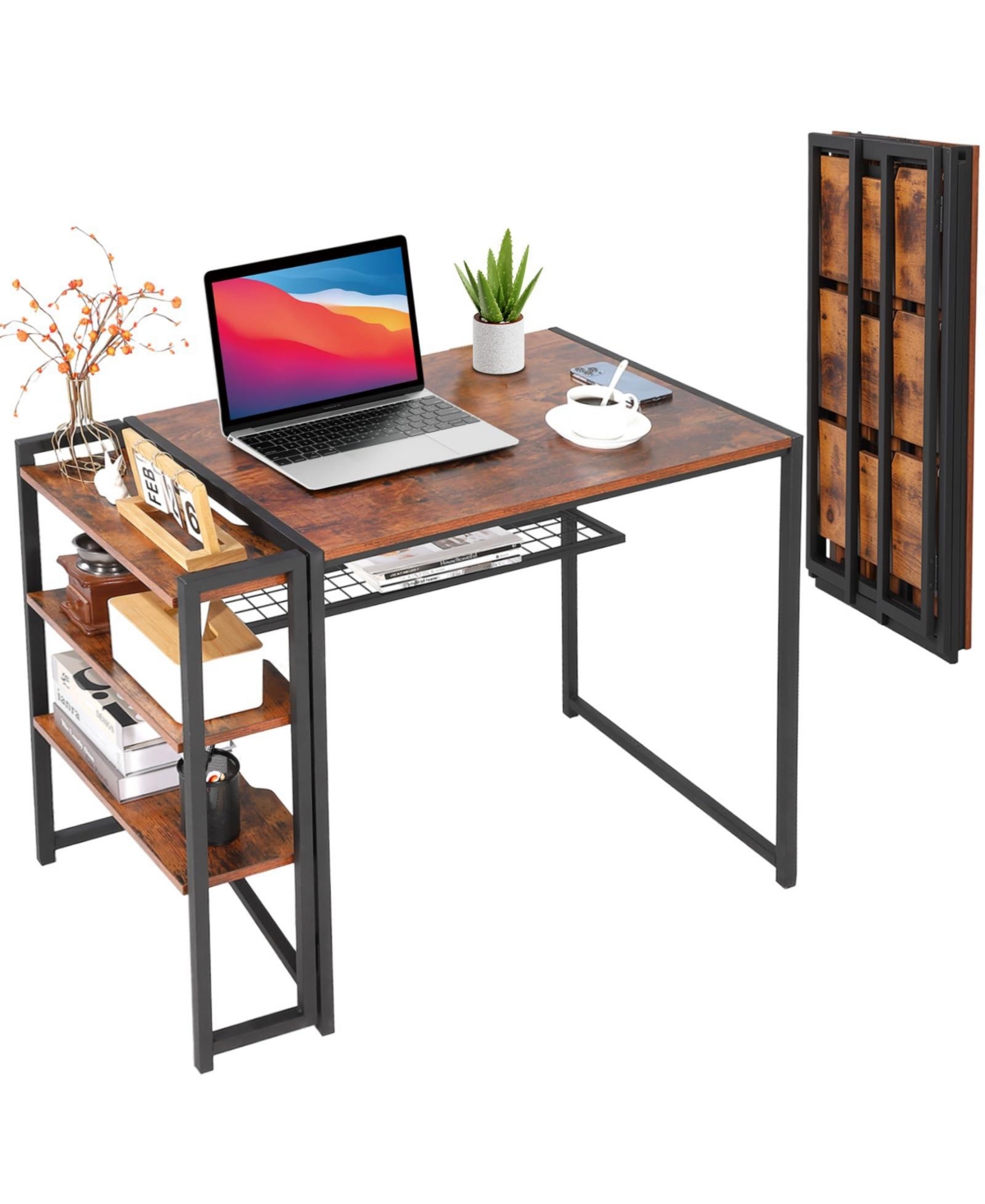 gaomon Folding Desk with Storage Shelves-Space-saving, Sturdy, and Durable No Assembly Required Ideal for Bedrooms and Home Offices