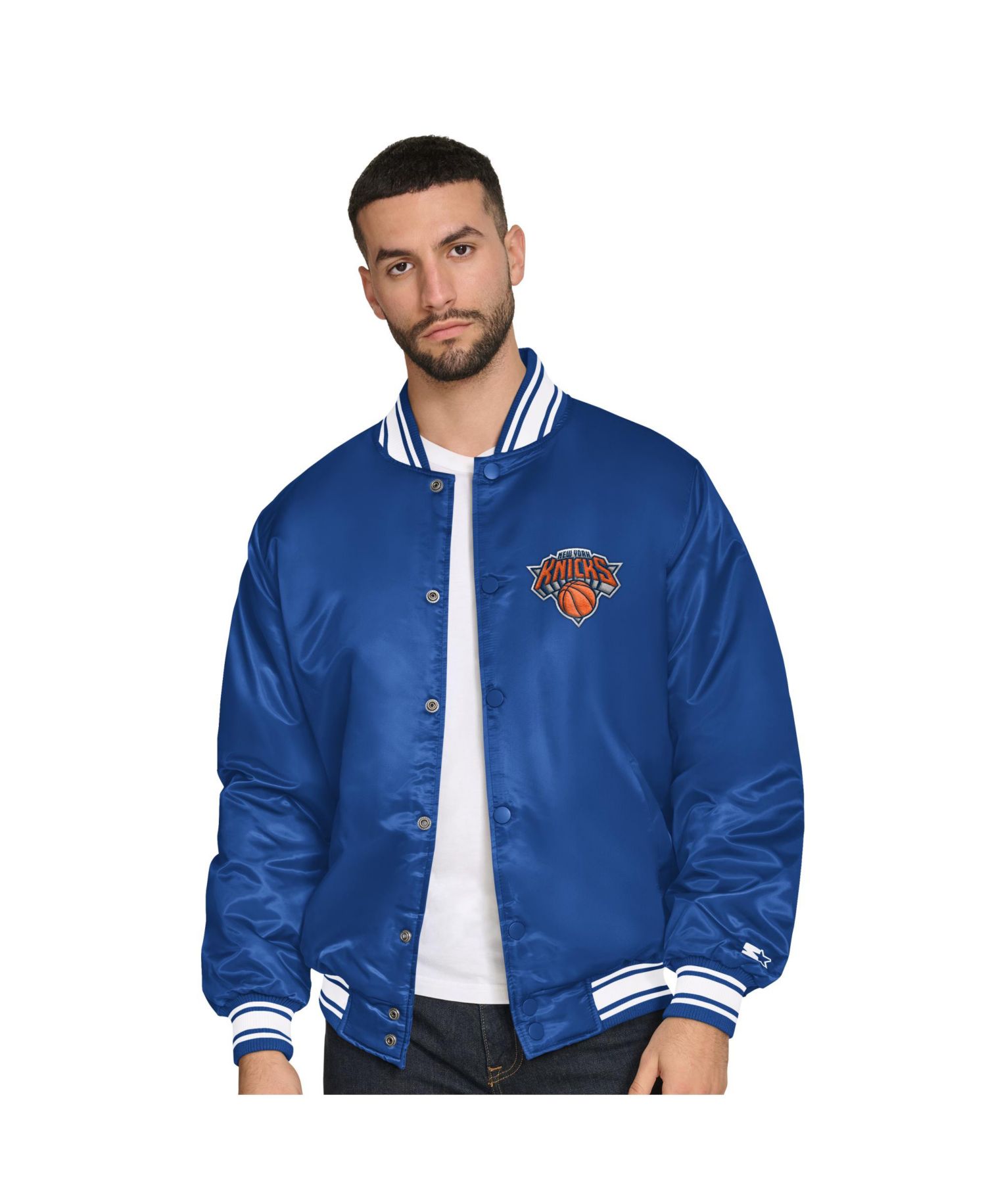 Men's Blue New York Knicks Final Buzzer Satin Varsity Full-Snap Jacket