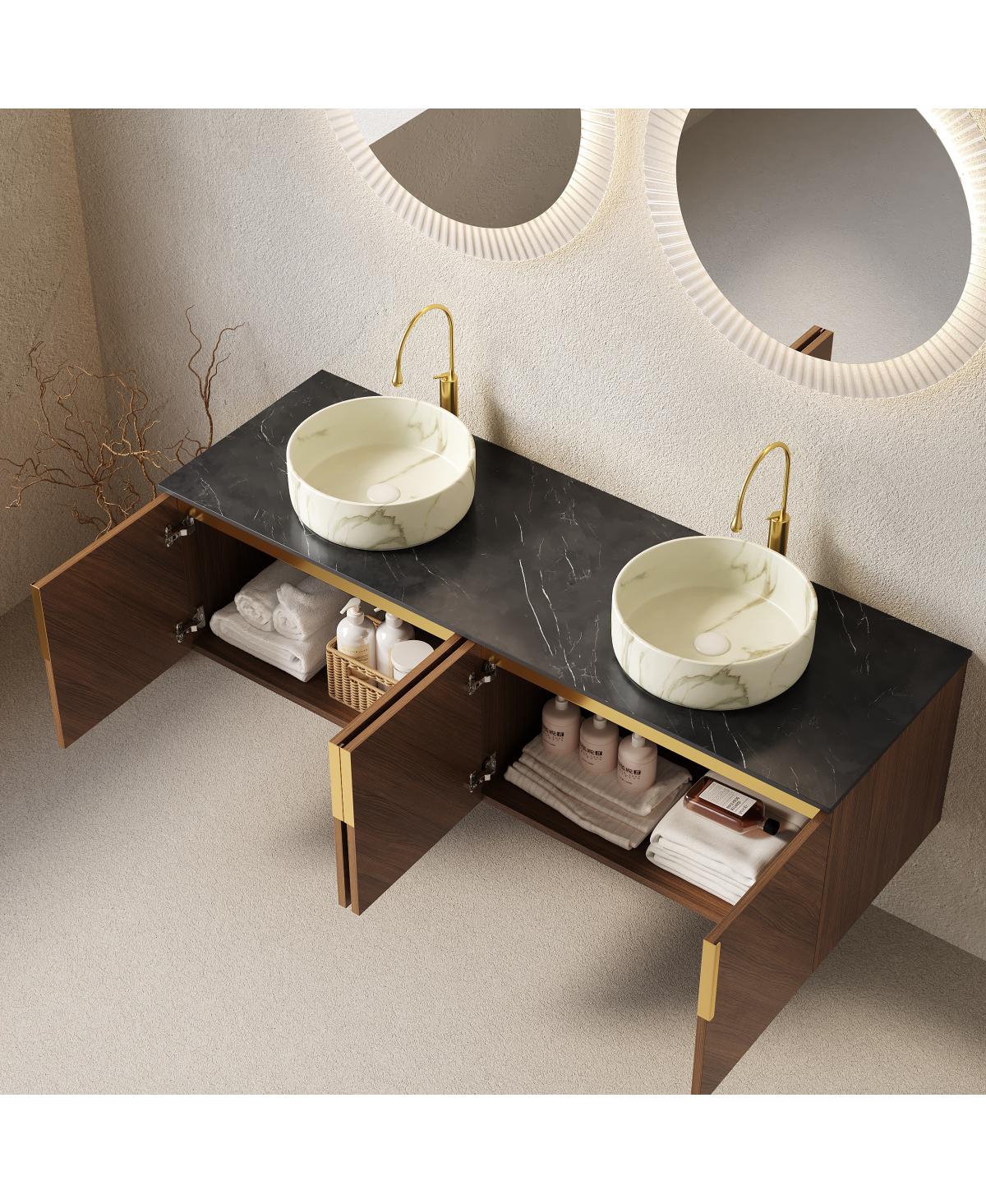 Sillysis 60 Inch Double Sink Bathroom Vanity, Sintered Stone Top, Double Ceramic Vessel Sink