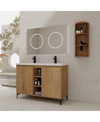 47.6 Inch Freestanding Double Sink Bathroom Vanity with Resin Basin, Wall Mounted Storage Rack, Modern Adjustable Shelves
