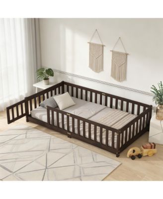 Twin Floor Bed with Fence and Door, Solid Rubber Wood Kids Platform Bed Frame