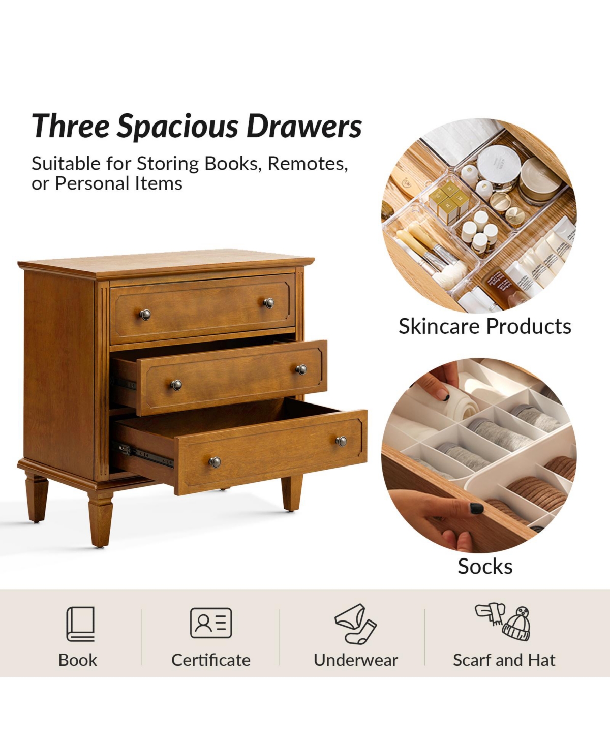 Hulala Home Amberlyn 28.3'' W Transitional 3-Drawer End Table with Built-In Outlet and Solid Wood Legs