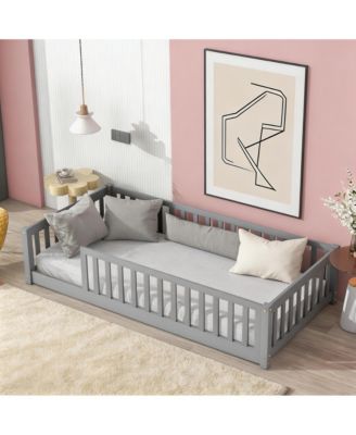 Twin Floor Bed with Safety Guardrails,Solid Rubber Wood Fence Kids Bed Frame
