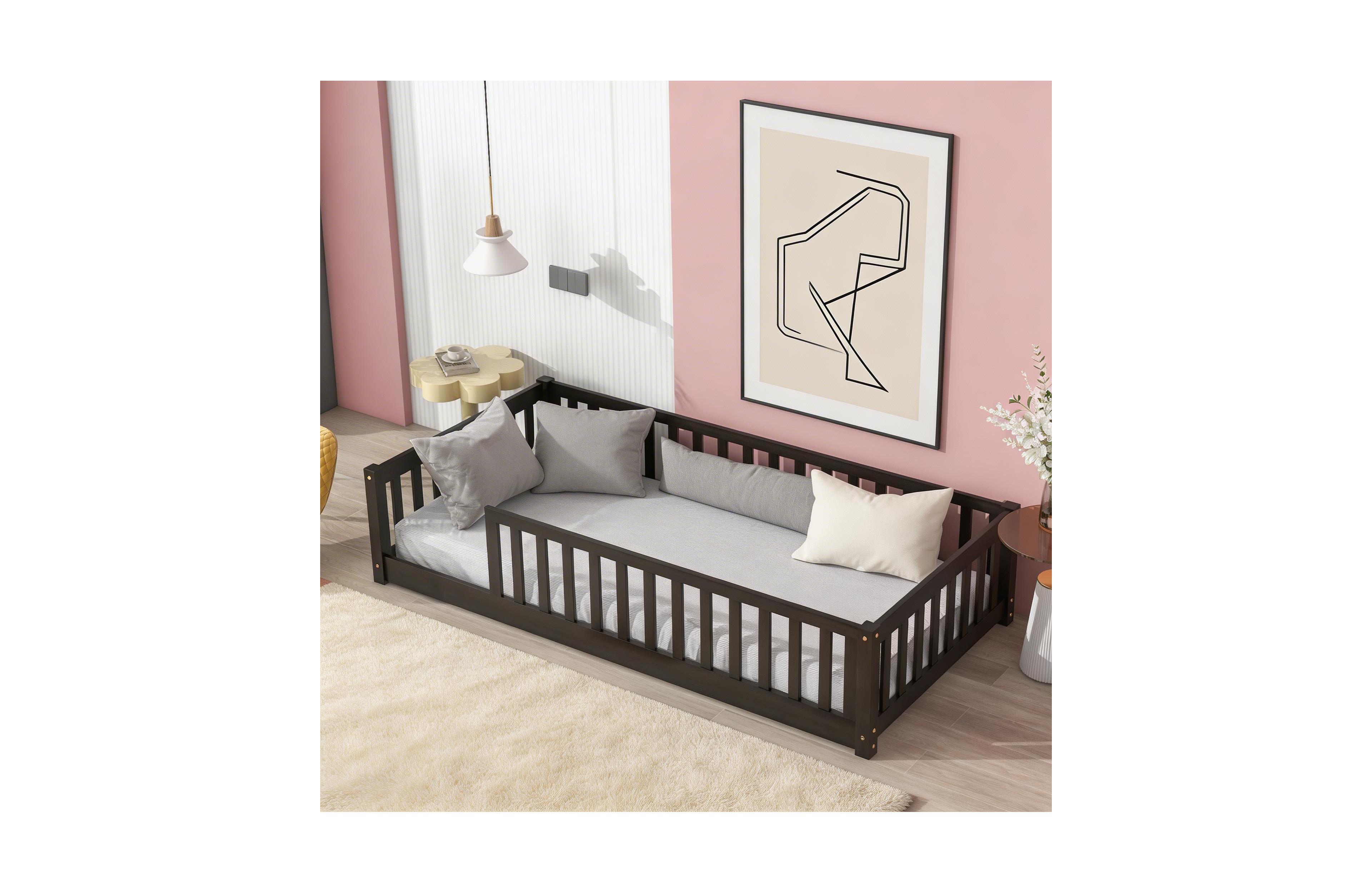 Sailvan Twin Floor Bed with Safety Guardrails,Solid Rubber Wood Fence Kids Frame