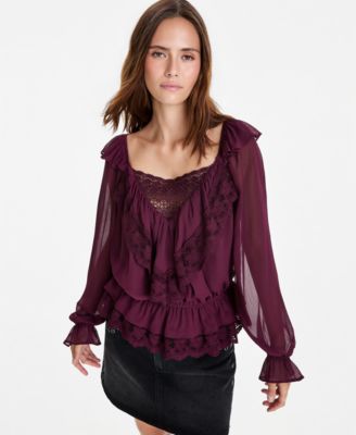 Women's Ruffle Long-Sleeve Lace-Trim Top