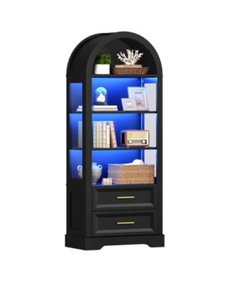 Tall Bookcase with LED Lighting, Arched Design and 2 Drawers
