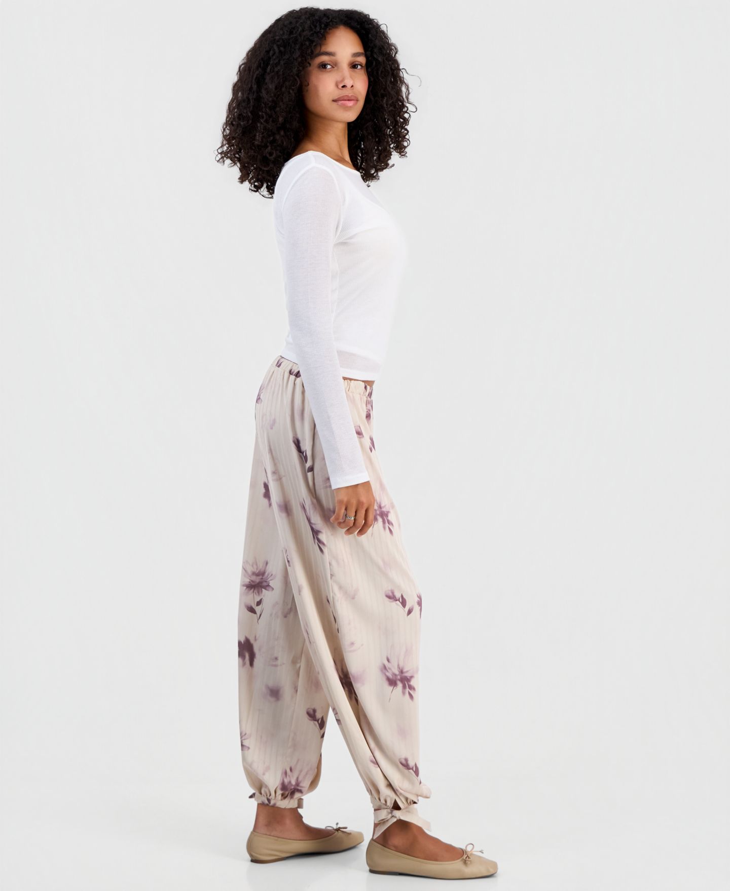 Женские брюки And Now This Floral-Print Tie-Hem Balloon, цвет: Пыльный розовый — фото 3