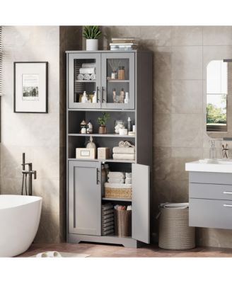 67"   Bathroom Cabinet - Freestanding Storage with Glass Doors and Adjustable Shelves for Kitchen or Living Room