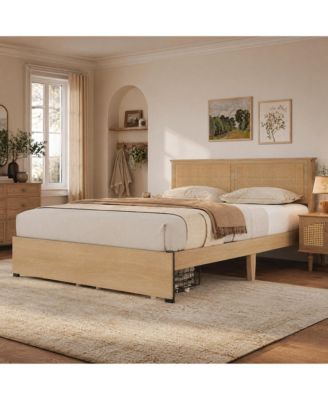 Boho Rattan Headboard Platform Bed With Storage Drawers, Wood Frame, Metal Slat Support, No Box Spring Needed, Easy Assembly