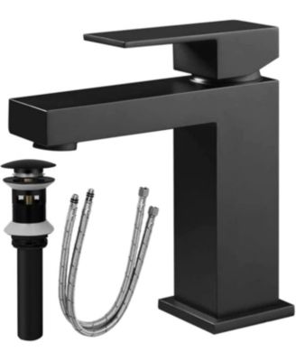 Single Hole   Brass Bathroom Faucet Single Handle Square Vanity Faucet with Pop Up Drain and Water Supply Hoses
