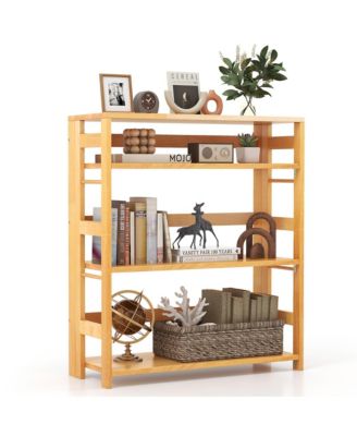 4 Tier Bookshelf Floor Storage Shelf with Rubber Wood Frame Anti Toppling Kits