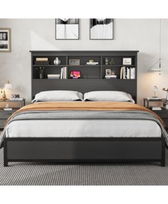 Bed Frame with Bookcase Headboard, 2-Tier Storage Platform Bed with Charging Station, No Box Spring Needed, Easy Assembly