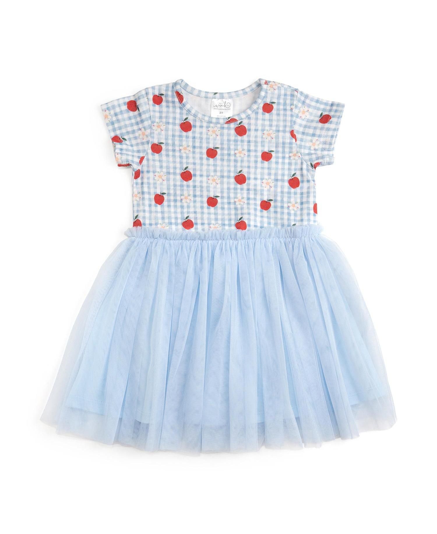Little Girls Apple Gingham Short Sleeve Tutu Dress