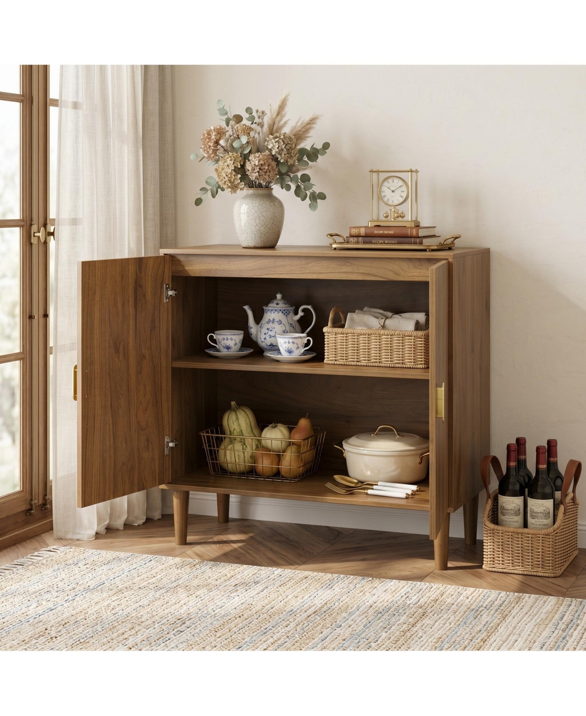 Sailvan Wood Buffet Cabinet, Line Groove Design, 2-Door Storage Sideboard