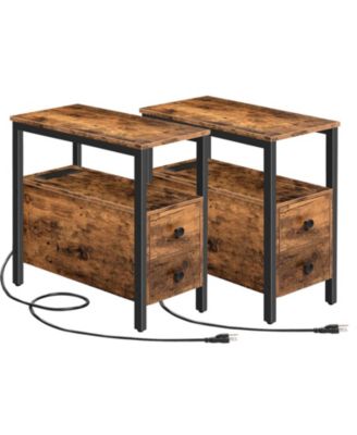 Set of 2 Side Tables with Charging Station for Bedroom and Living Room