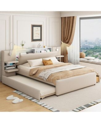 Queen Size Upholstered Platform Bed with Reading Lights, Drawers, Trundle, Storage Shelves, Linen Fabric, No Box Spring Needed