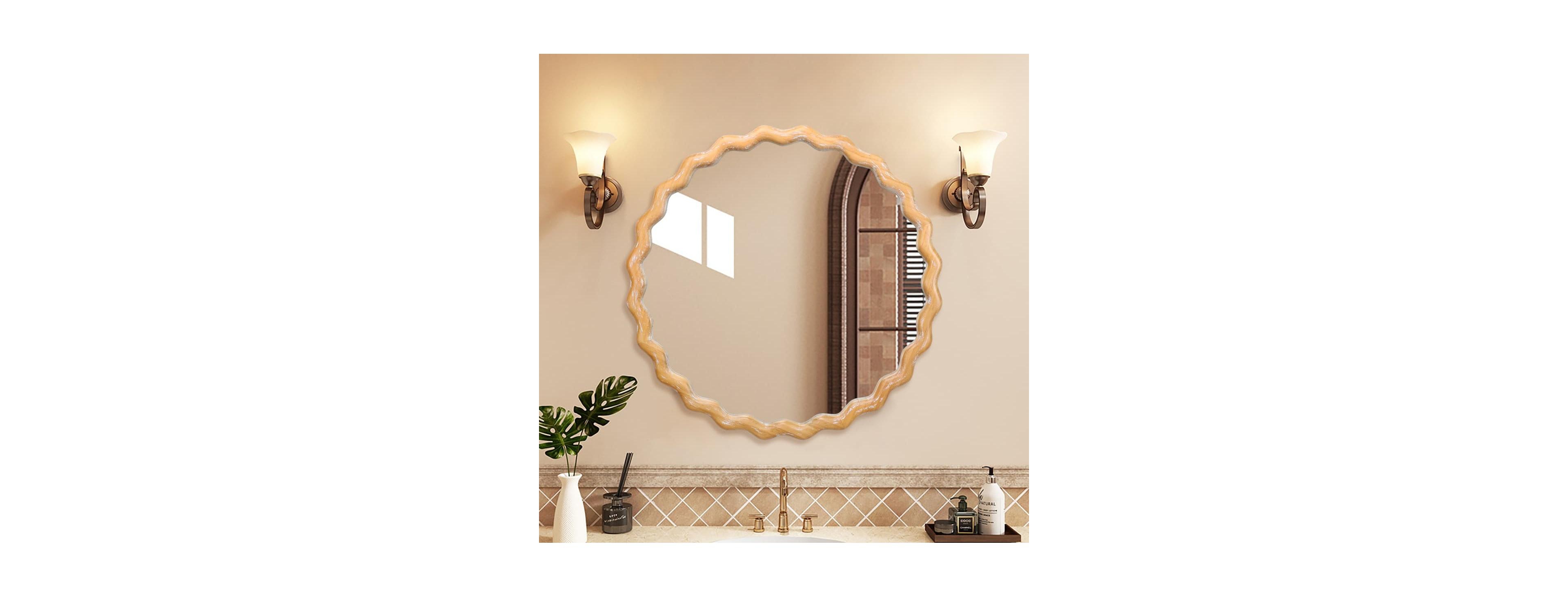 Laoties 28" Round Wavy Wall Mirror, Wood Frame Decorative Mirror for Bathroom and Living Room