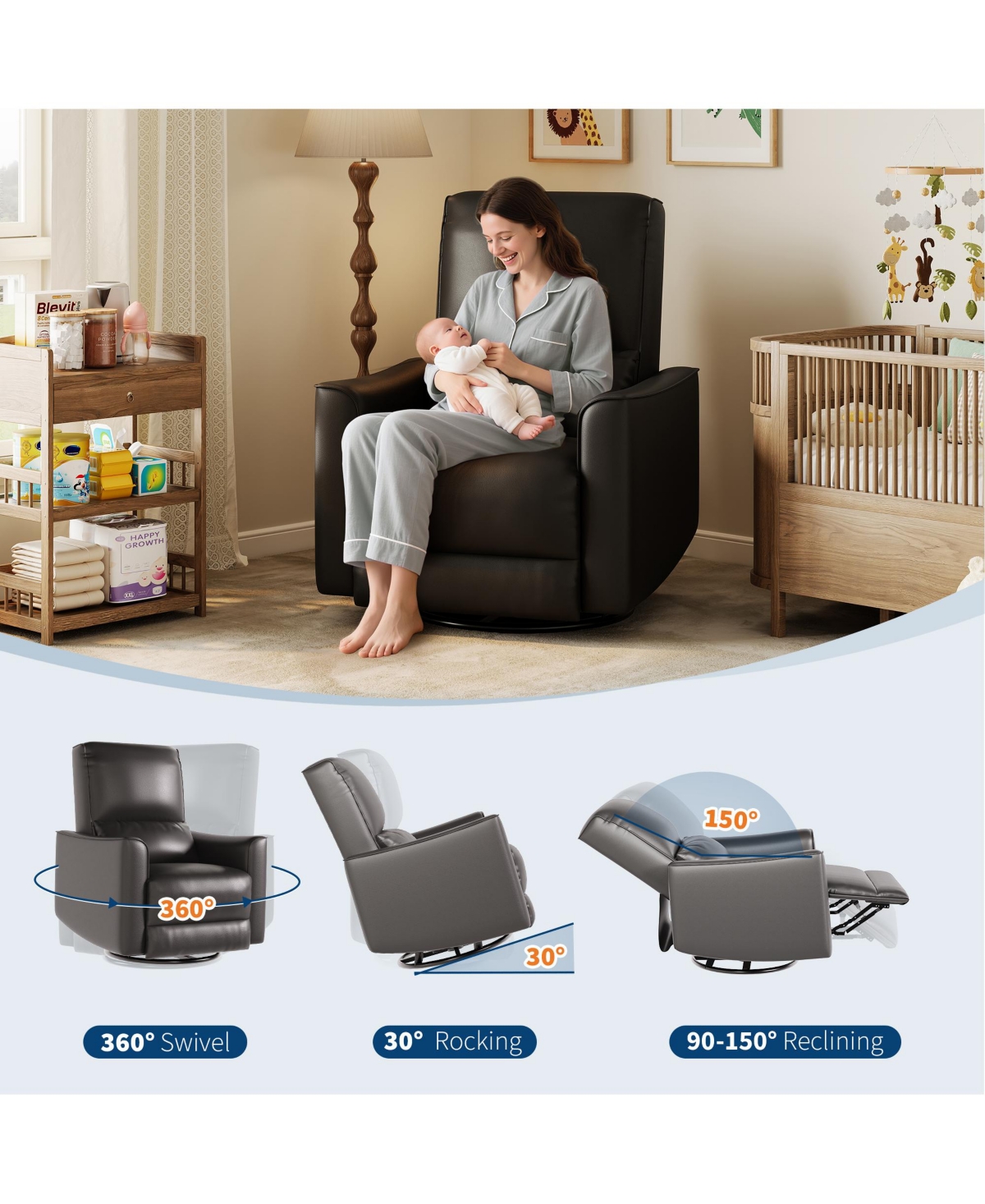 homfan Manual Swivel Rocking Recliner Chair – High Backrest, Padded Armrests, Lumbar Support, Ergonomic Single Sofa for Living Room, Nursery, or Home