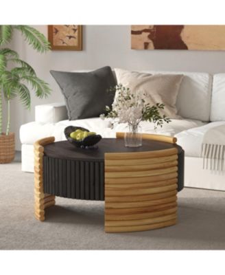 31.50" Modern Colorblocked Striped Coffee Table with Flip Top Storage Coffee Table - Natural Wood Finish for Living Room