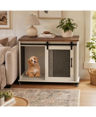 Barn Door Dog Cage with Wheels, Furniture-Style Pet Crate on Casters for Medium Dogs Living Room Home