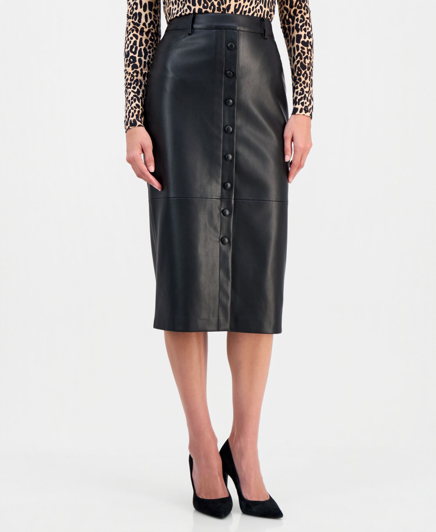 Women's Faux-Leather Button-Front Slim Skirt