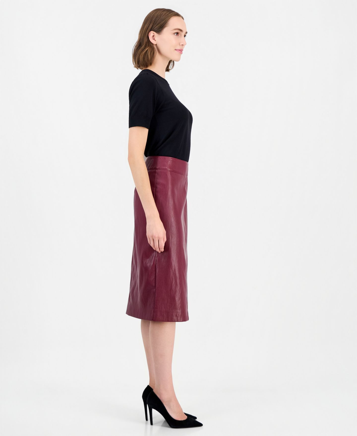 Женская юбка T Tahari Midi Pencil Front-Slit, цвет: Бордовый — фото 3