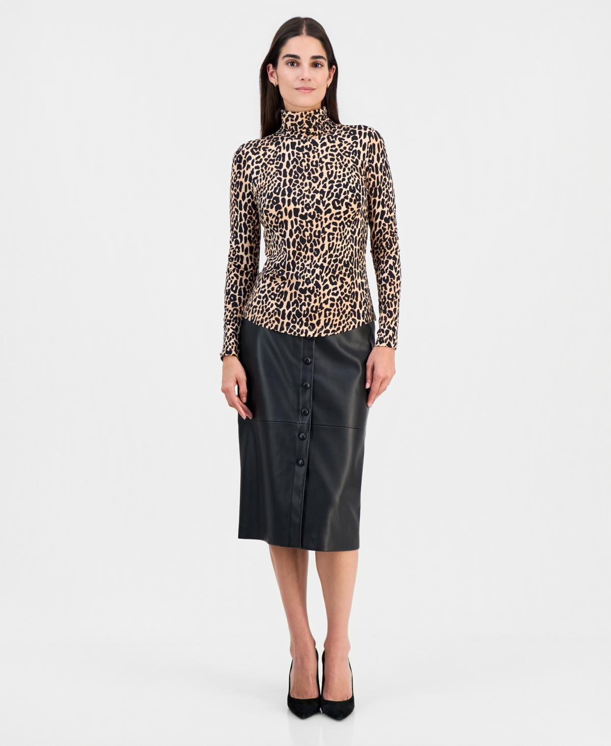 T Tahari Women's Printed Shirred Turtleneck Top