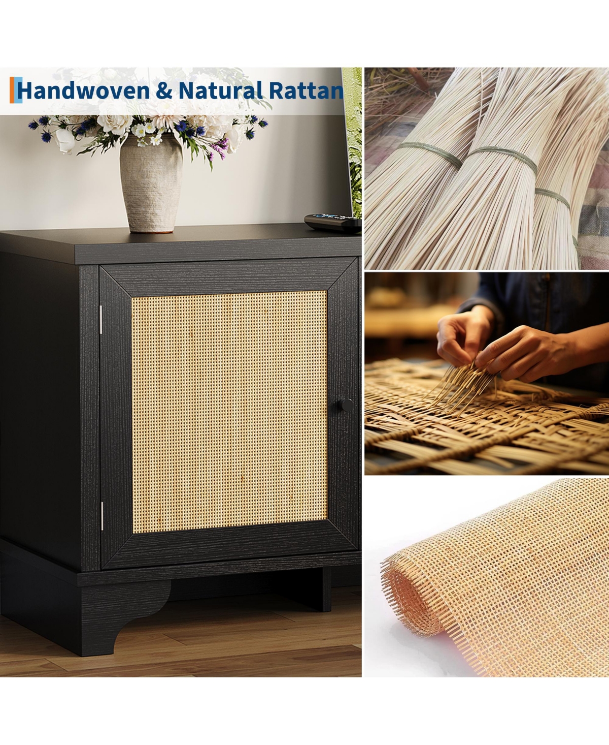 homfan Rattan Tv Stand Fits TVs Up to 70 Inches, Farmhouse Entertainment Center with 2 Cabinets and Open Shelves, Wooden Media Console Table