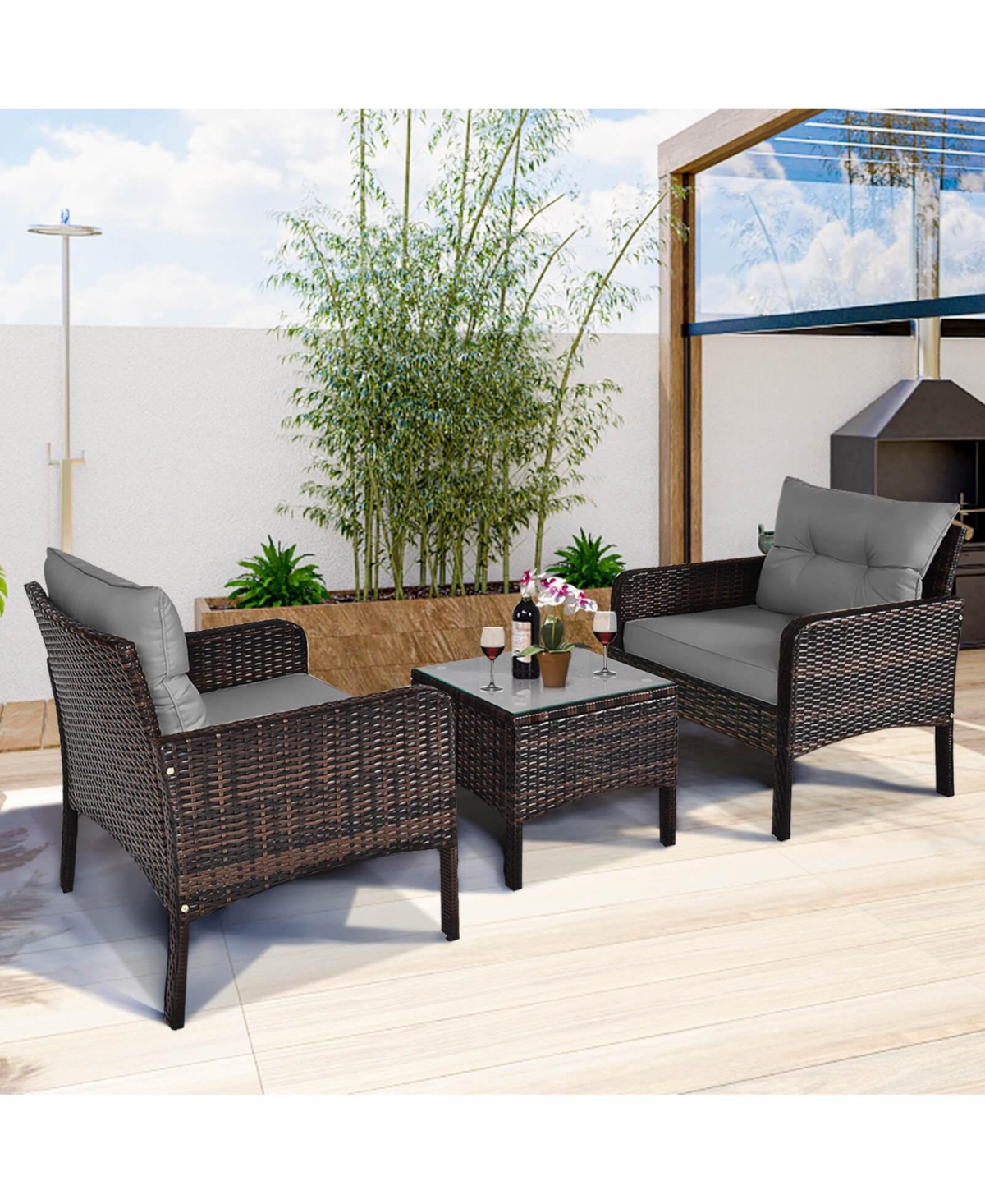 Costway 3 Pieces Patio Pe Wicker Furniture Set with Cushions and Tempered Glass Coffee Table