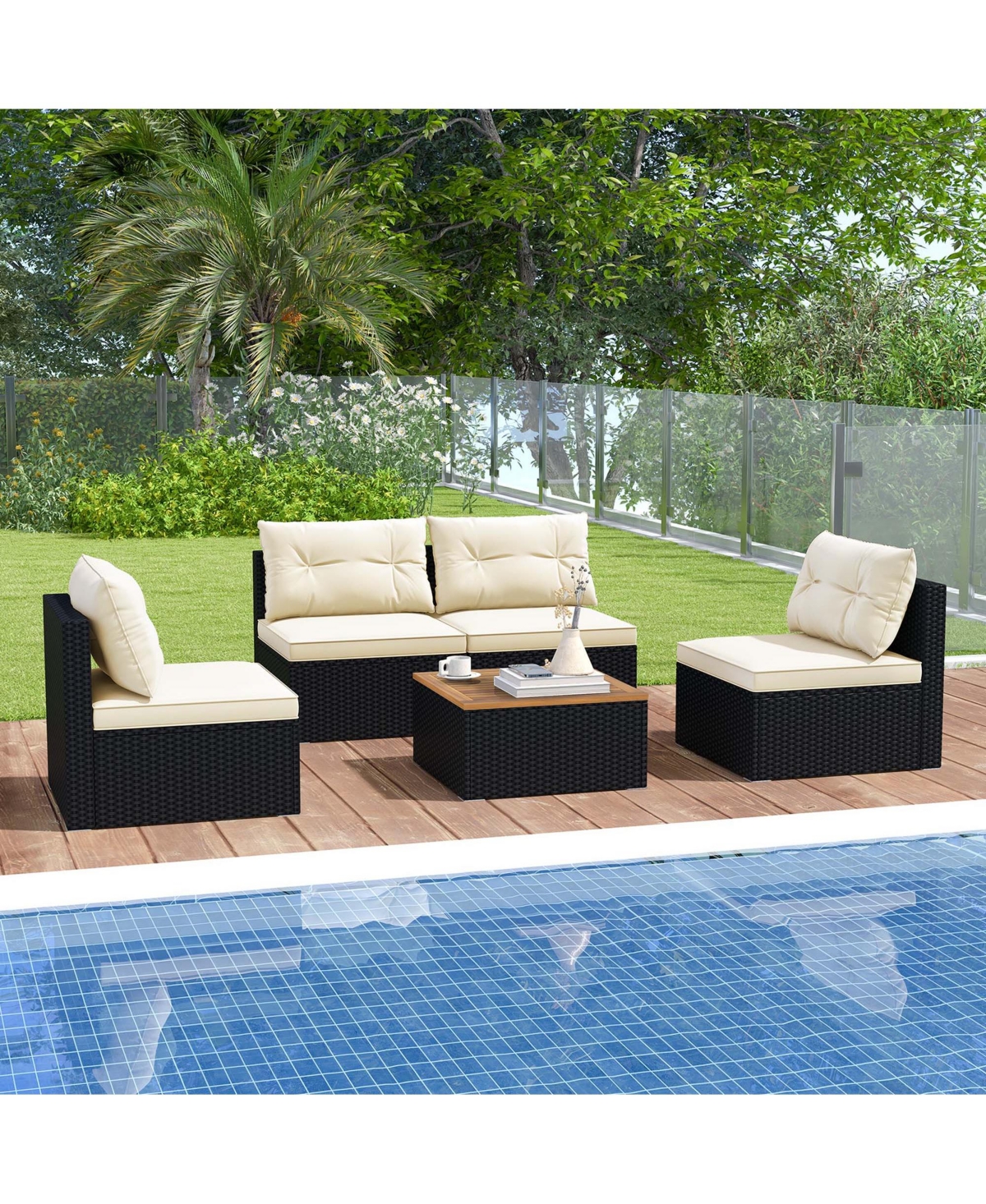 Costway 5 Piece Outdoor Furniture Set with Seat and Back Cushions Acacia Wood Tabletop