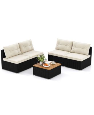 5 Piece Outdoor Furniture Set with Seat and Back Cushions Acacia Wood Tabletop