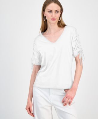Women's Ruched-Sleeve V-Neck Cotton T-Shirt