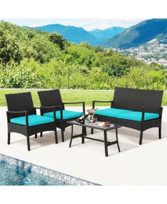 4Piece Patio Wicker Furniture Set Cushioned Chairs and Loveseat with Coffee Table Garden