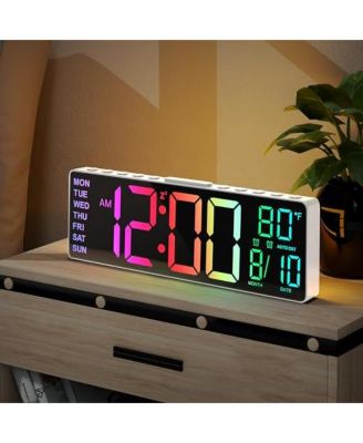 10.5 Inch Digital Large Alarm Clock   with 8 RGB Colors Date Month Temperature Auto DST Back Night Light Plug in Memory Battery