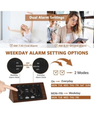 Wooden Digital Alarm Clock, 0-100% Dimmer, 2 Alarm Settings, Weekday/Everyday Mode, 9 Mins Snooze, 12/24H, Temperature