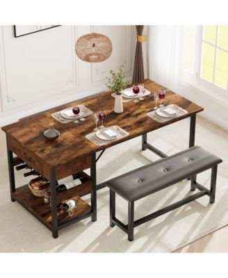 Space Saving Dining Table Set for 4 Modern Table with 2 PU Leather Benches, Storage Drawers and Wine Rack