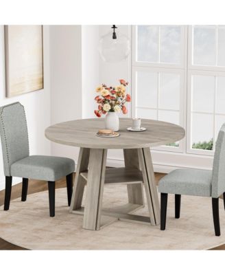 Farmhouse 43'' Round Dining Table with Sturdy Wooden Pedestal, Built-in Storage Shelf